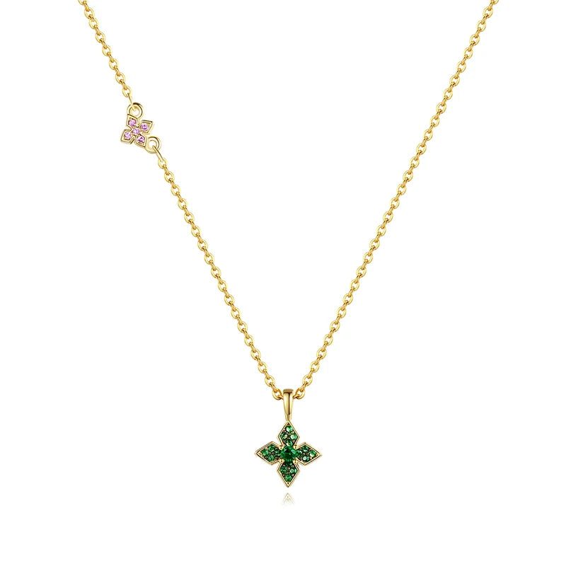 LUOTEEMI Fashion Flower Pendant Necklaces Four Leaves Multi Color Cubic Zirconia Emerald Jewelry for Women