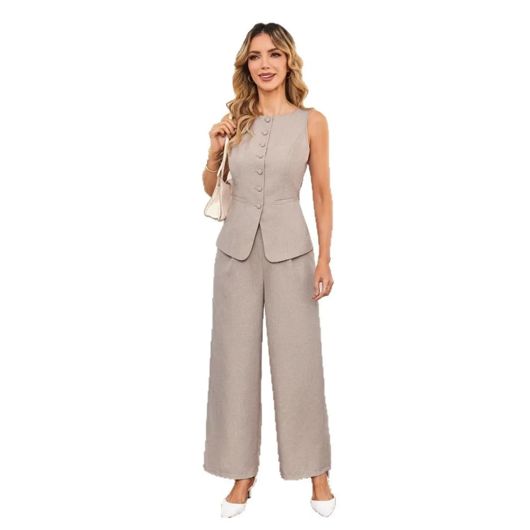 Women's Two-Piece Set for Spring Summer Casual Style Sleeveless Top with Straps & French Wide-Leg Pants Woven Plain Dyed