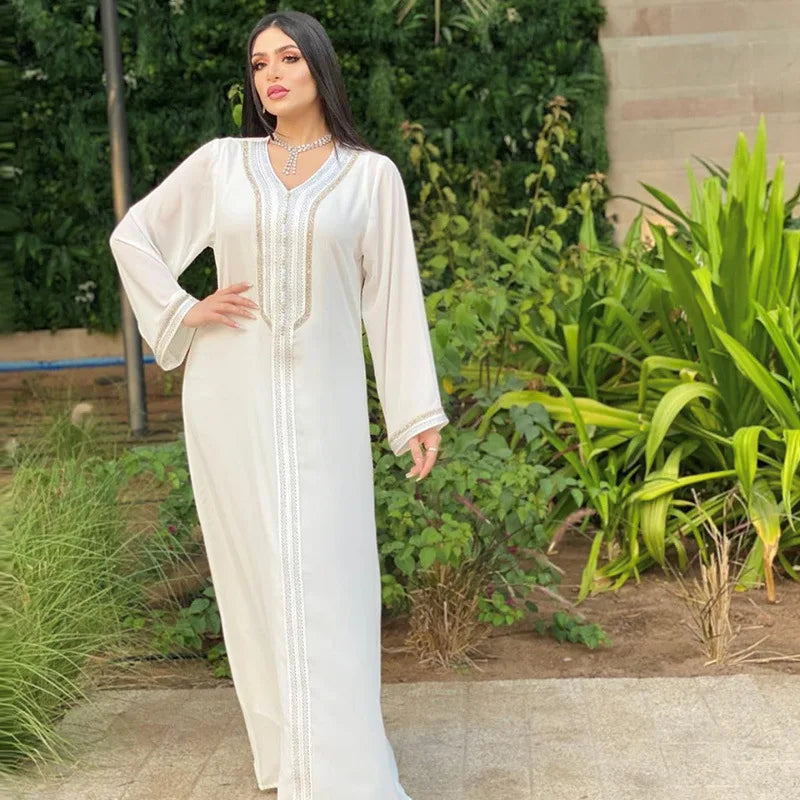 MoroccoEID  Dubai Abaya  Islamic Large Leaf Printing Muslim AB290 Feather Hot Drilling Stitching  Kaftan Maxi Dress
