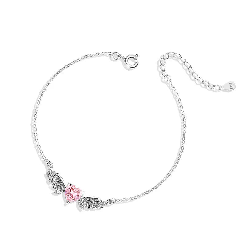 OAHLAN Fashion Jewelry Angel Wing Pink Cubic Zirconia 925 Sterling Silver Adjustable Bracelets for Women Birthday Wedding Gifts
