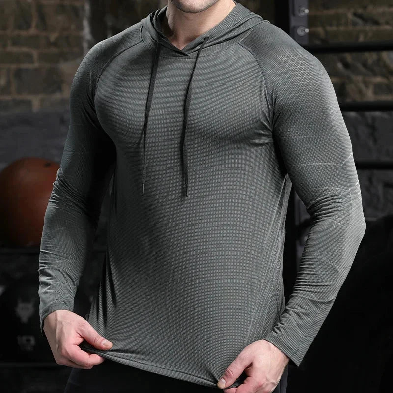 Compression Men Outdoor Sports Hoodies T Shirt Quick Dry Long Sleeve Tops Hood Male Running Activewear Casual Gym Sweatshirts