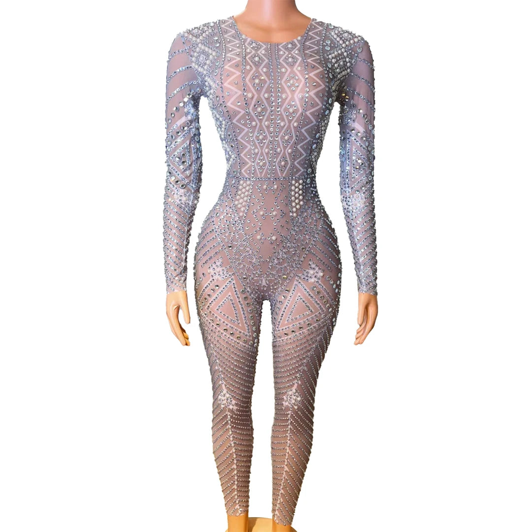 Monos Sequin Rhinestone Pearls Pole Dance Leotard Party Club Transparent Bodysuit Plus Size Women One Piece Bodycon Jumpsuits