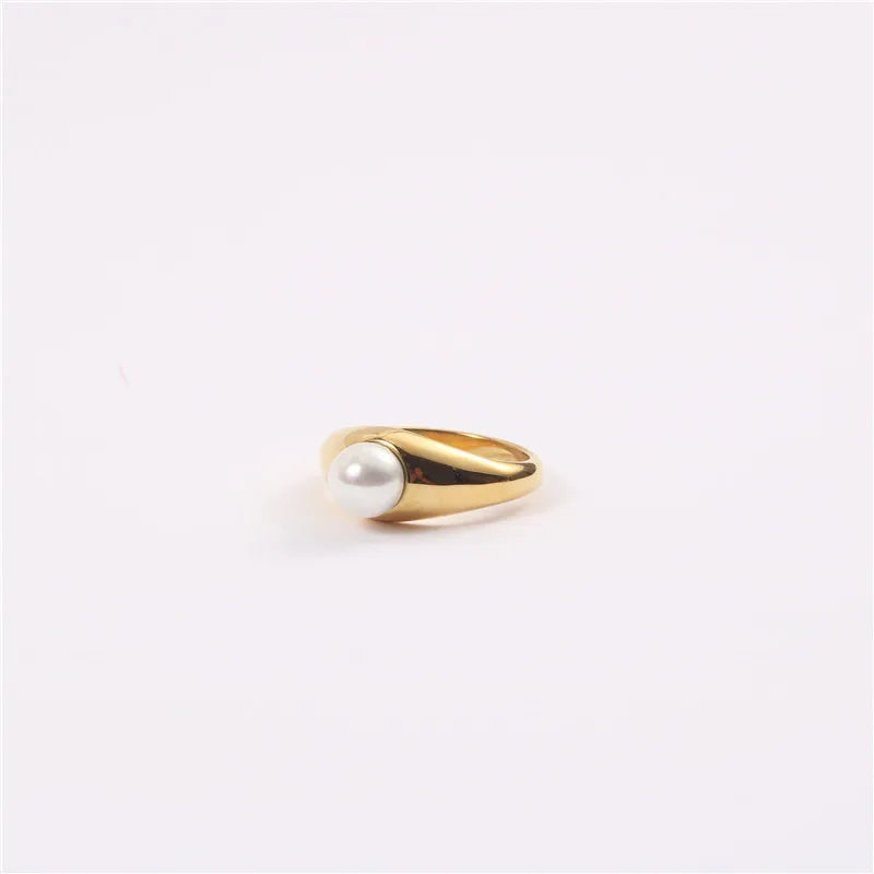 High End 18K Plain Gold Pearl Statement Rings Stainless Steel Trendy Tarnish Gold Jewelry MegaBDM
