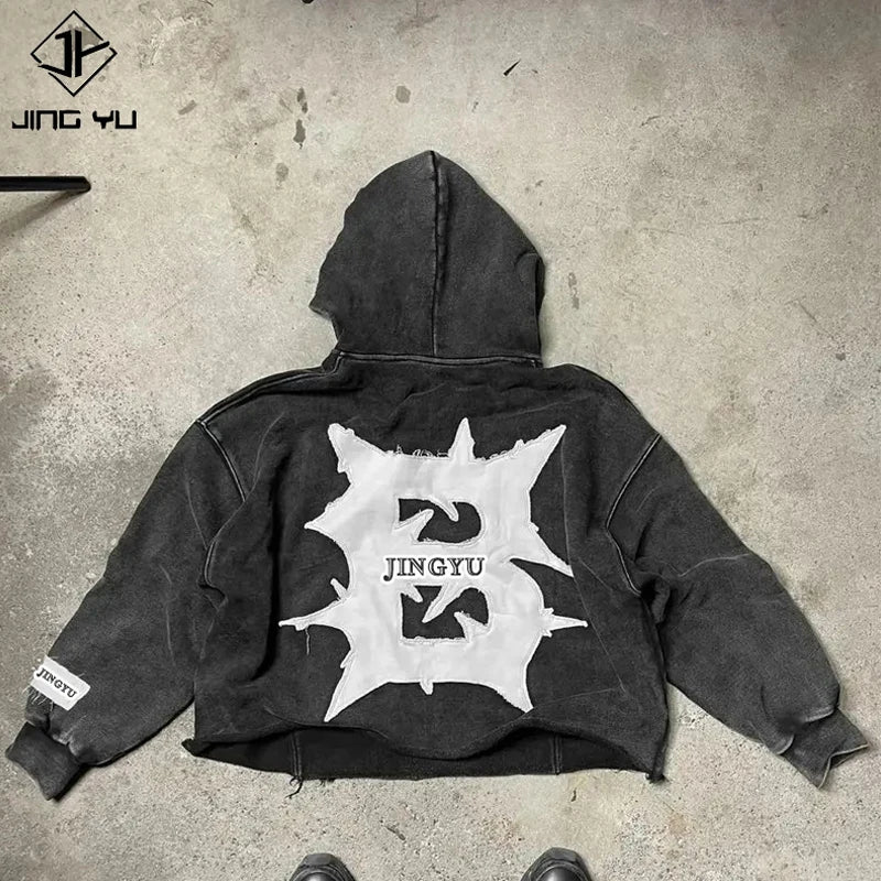 Manufacturer Customs Clothes Embroidered Acid Wash Distressed Applique Embroidery Patch Hoodies Sun Faded Hoodie