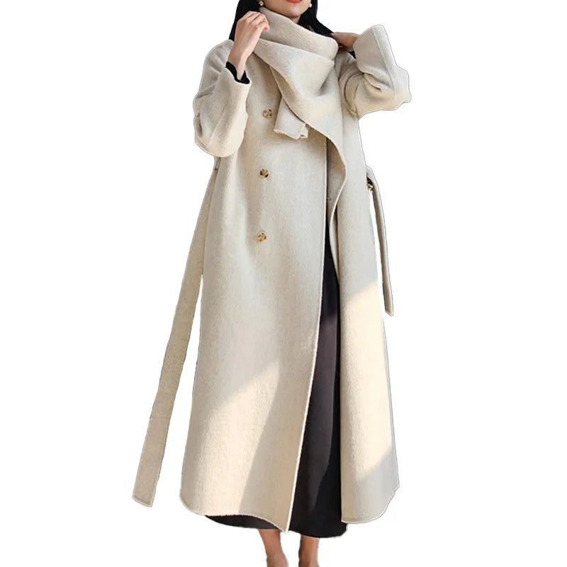 Jancoco New Design Scarf Collar Double Faced Cashmere Coat Women Elegant Long Wool Coat