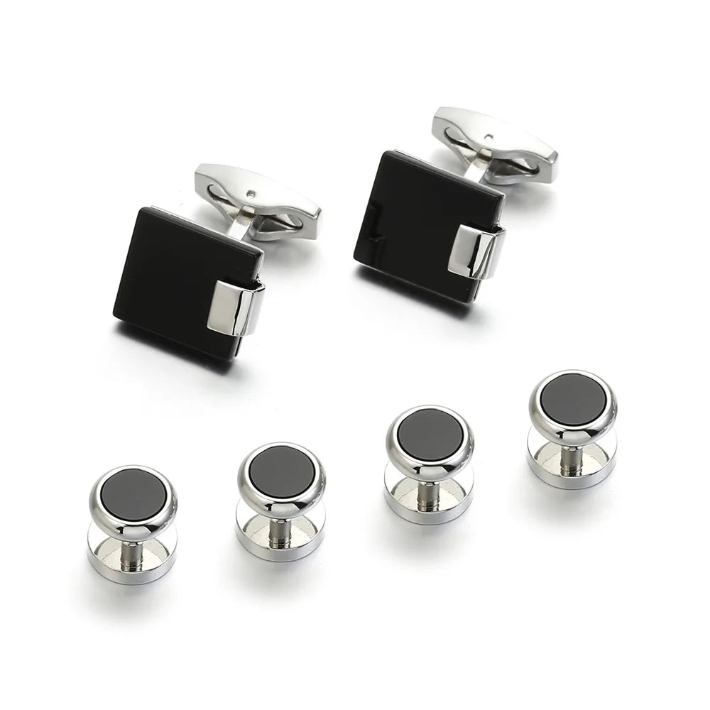 2024 New Style Ready to Ship French Shirt Black Onyx Stone 2+4 Cuff Links and Studs Set for Men