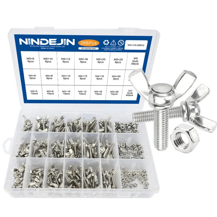288PCS Metric DIN316 Stainless Steel M3 M4 M5 Butterfly Head Thumb Bolt Wing Screw Kit NINDEJIN