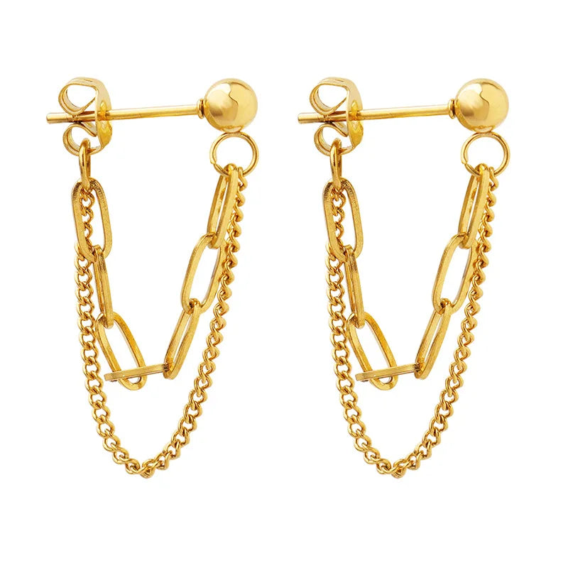 Waterproof Hypoallergenic 18K Stainless Steel Women Jewelry Double Layer Long Drop Tassel Link Chains Stud Earring YF3260