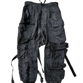 Vintage Streetwear Wide Leg Pants Multi-Pocket Cargo Trousers Lightweight Casual Style with Distressed Wash