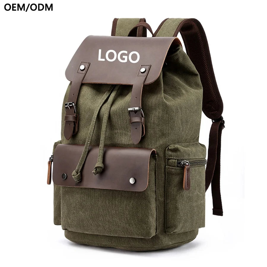 ZUOLUNDUO High Capacity Canvas Leather Casual Vintage Sports Hiking Backpack Multifunctional School Travel Bag Portable Fashion