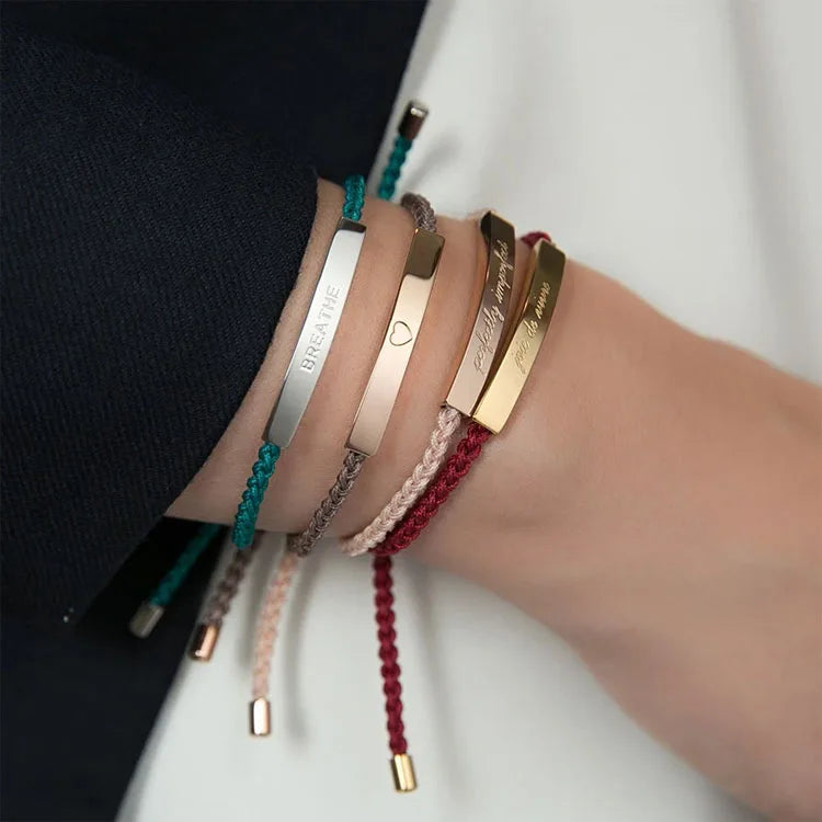 G1733 Custom Jewelry Can Be Engraved Stainless Steel Blank Hollow Bar Rope Braided Adjustable Bar Bracelet