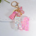 Purple Pink Alphabet Resin Letter Keychains Hanging Bag Key Ring Pink 26 Initial Tassel Butterfly Keychain