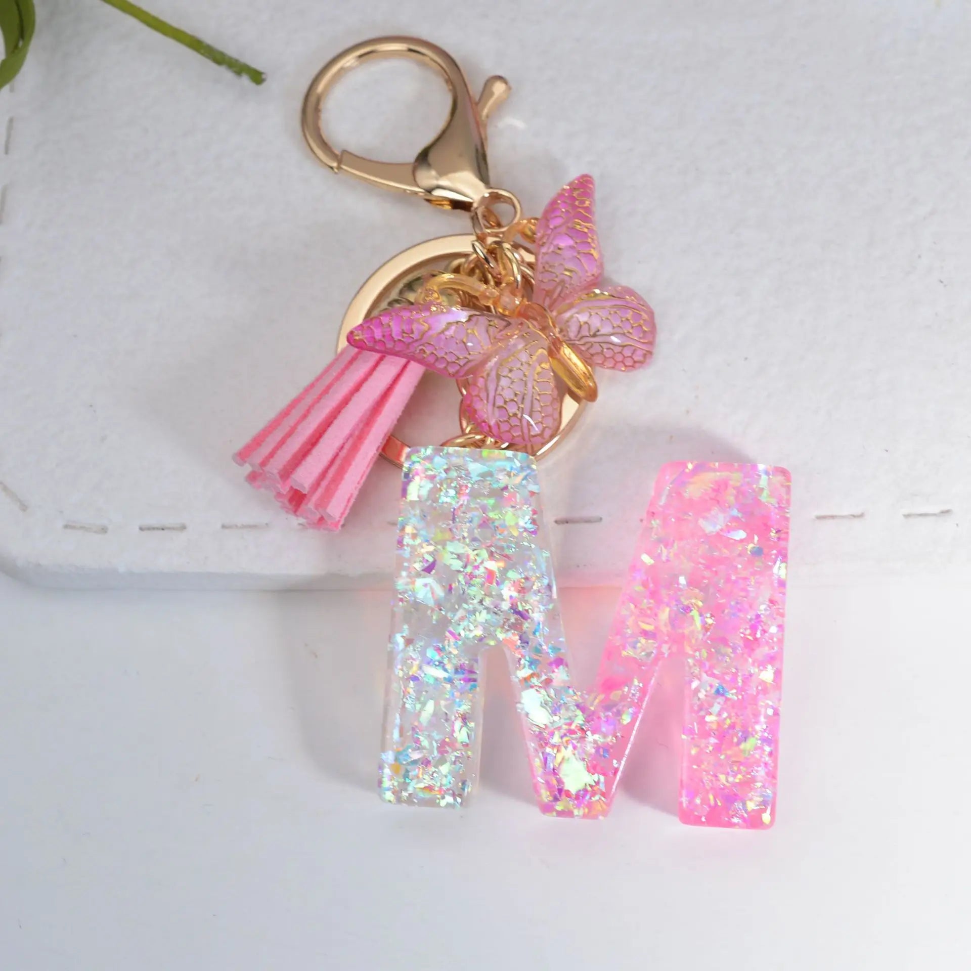 Purple Pink Alphabet Resin Letter Keychains Hanging Bag Key Ring Pink 26 Initial Tassel Butterfly Keychain