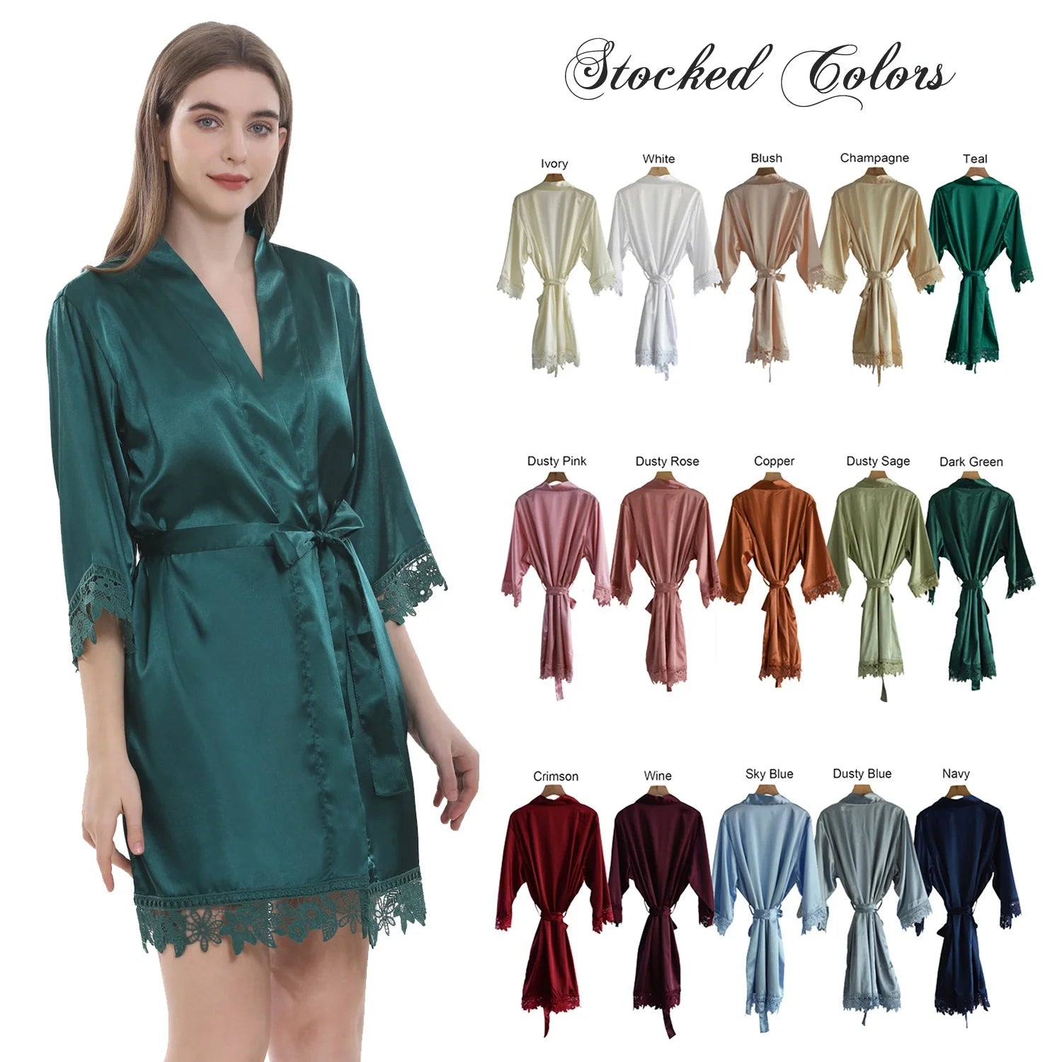 Satin Silk Women Bride and Bridesmaid Robes for Wedding Bridal Party Gift OEM High Quality Satin Plain Bath Robe with Lace Trim