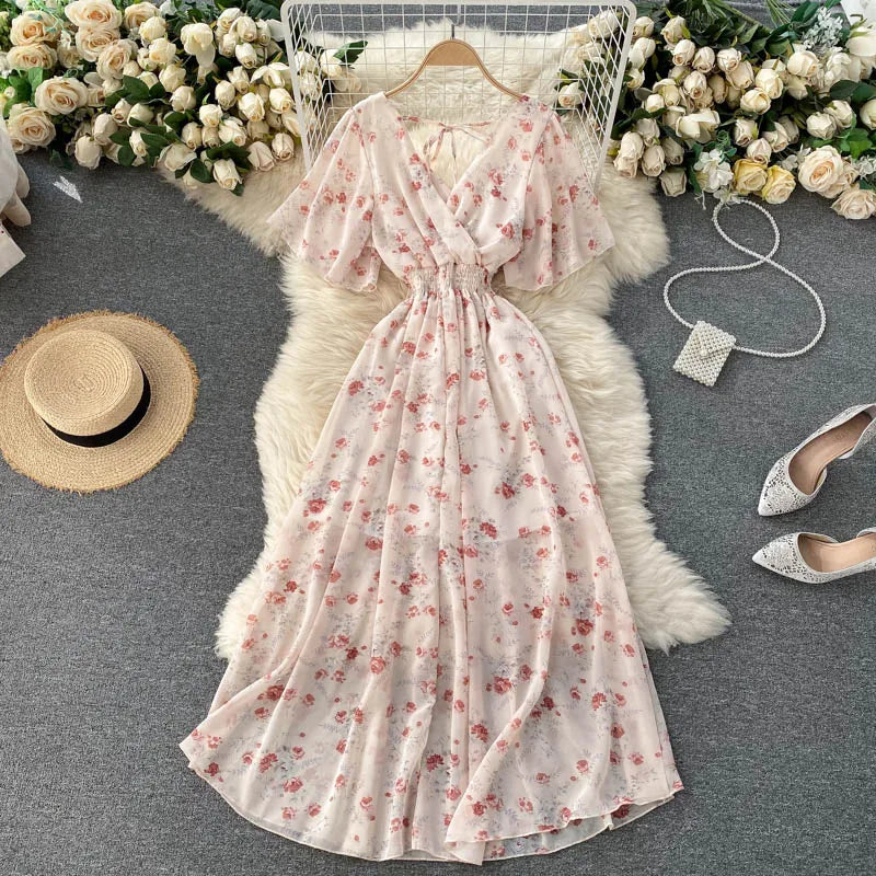 Abundant Pattern Styles Ladies Summer Floral Dress Short Flared Sleeve Backless Elastic Waist Double Layer Casual Dress