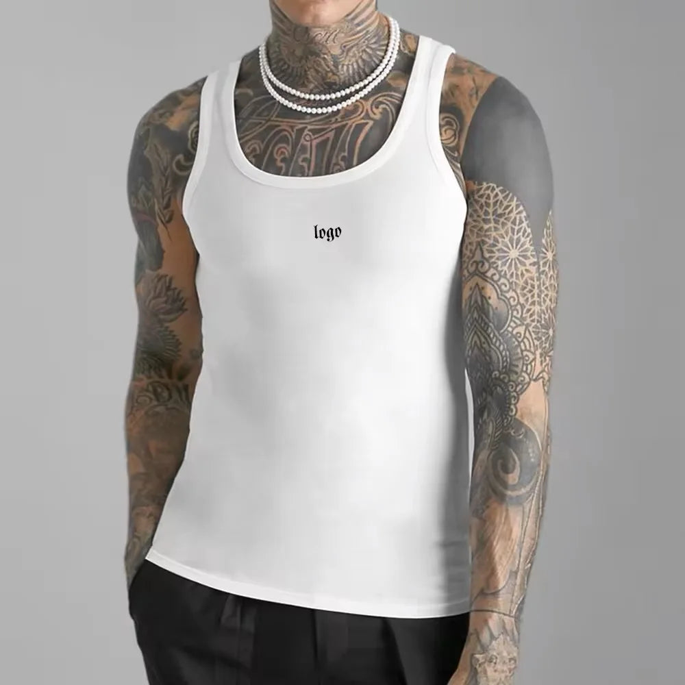 Customizable Men's Ribbed Tank Top Fitness Running Singlet Tight Gym Stringer Compression Athletic Clothing Fitted Sports
