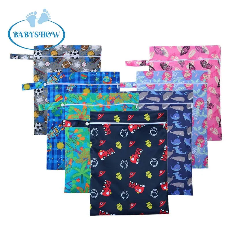 Babyshow Wholesale Custom Cloth Diaper Wet Bag Printed Polyester Waterproof Reusable Folding Wet Dry Bags with Zippered Pockets