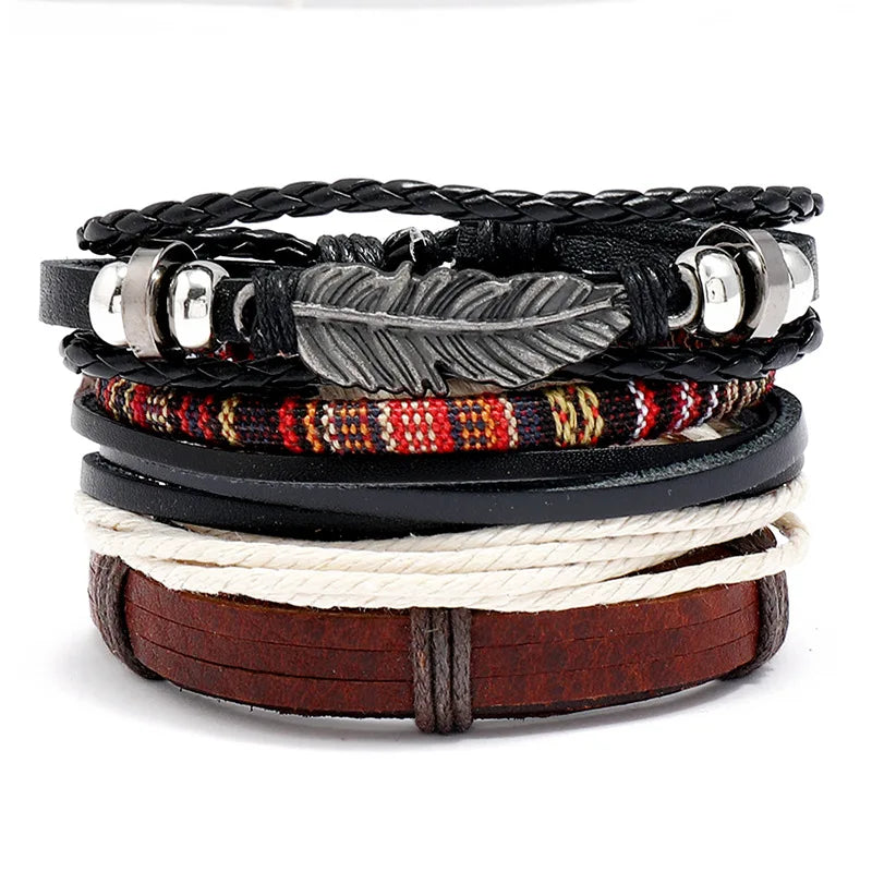 Hot Selling Feather Jewelry Hand Woven Vintage Leather Bracelet DIY4 Pieces/Set Bracelets