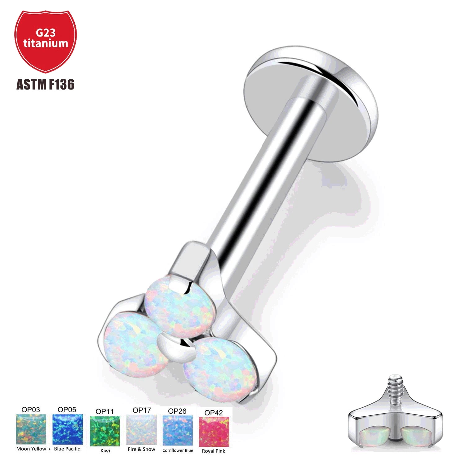 Evorte ASTM F136 Titanium Silver Plated Flower Lip Stud Opal Prong Set Earring Piercing Labret Body Jewelry Women