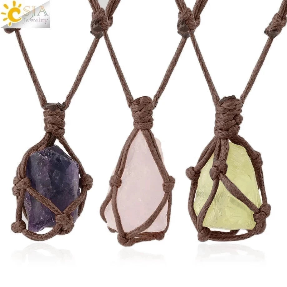 CSJA Natural Irregular Stone Rope Wrap Pendant Necklace Rose Crystal Quartz Necklace Women Girl Vintage Jewelry G317