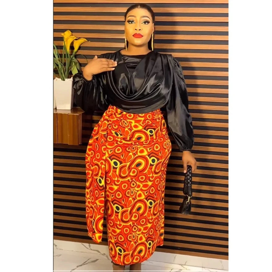 K0127 New Arrivals Dress African Women 2 Pieces Clothes Set Top Skirt Matching Color Suit