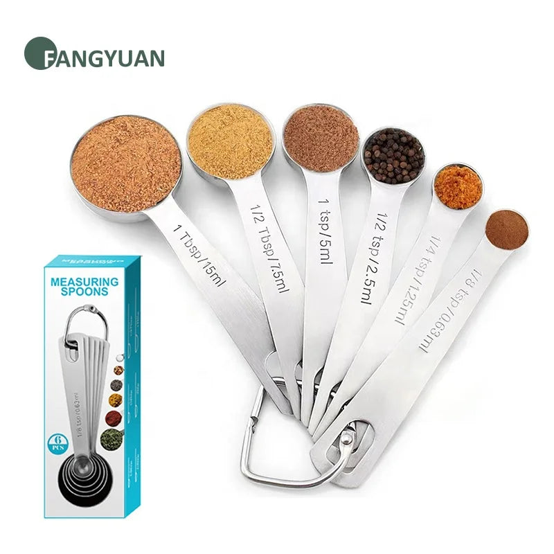 FANGYUAN Kitchen Baking Gadgets 6pcs Stainless Steel Coffee Measuring Spoon Set for Dry and Liquid with Color Box