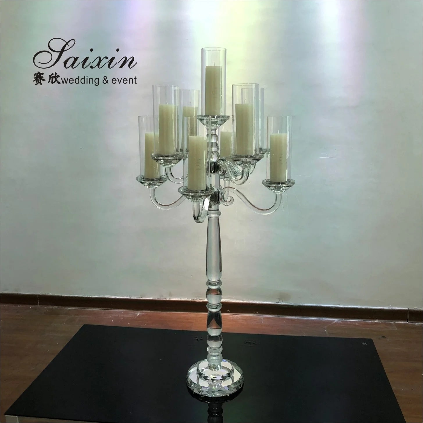 Wholesale 9-Arm Crystal Glass Candlestick Wedding Table Centerpiece and Votive Candle Holder