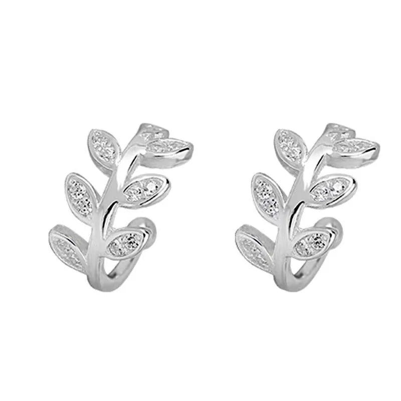 925 Sterling Silver Leaf-Shaped Hoop Earrings for Women Cute Gold Plated Ear Cuff Piercing with Zircon Clip for Weddings Jewelry