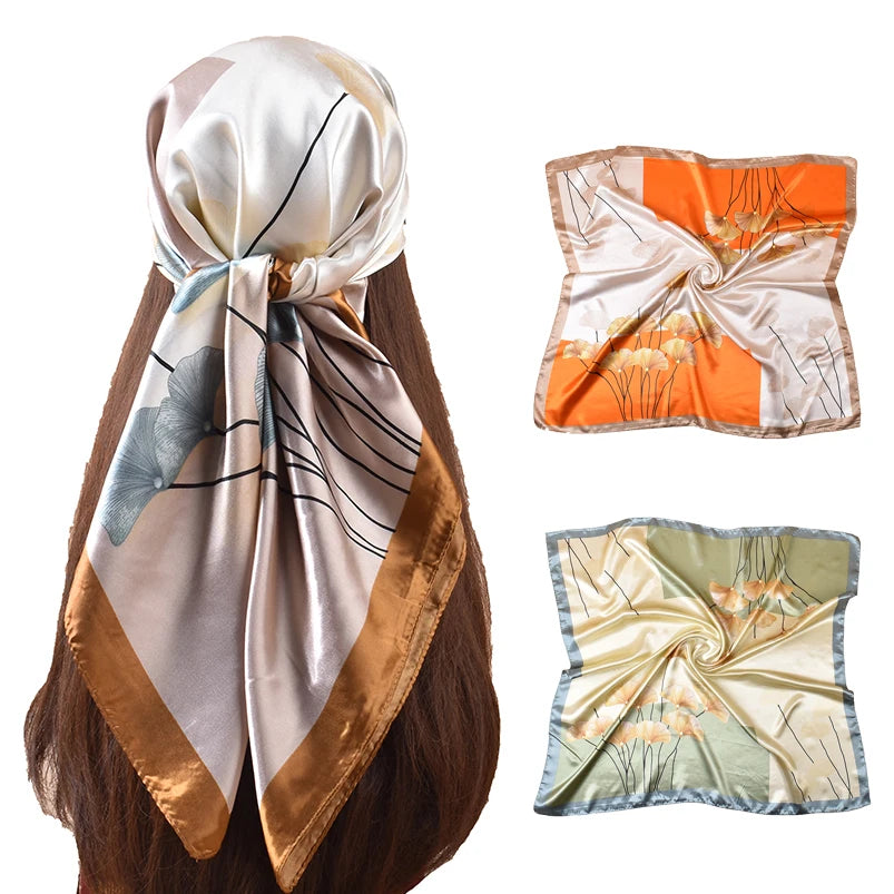 QL 2025 New Silk Leaf Printing 90 * 90cm Satin Polyester Women's Scarf Shawl Customized Digital Printing Silk Scarf