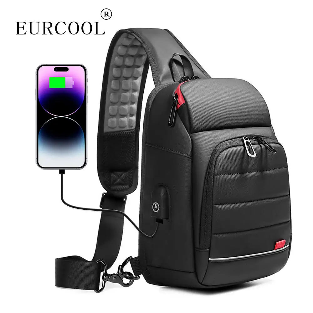 Fashion PVC Waterproof Durable Sling Backpack Crossbody Chest One Shoulder Bag USB Charging Port Zipper Portable Anti-Theft Men