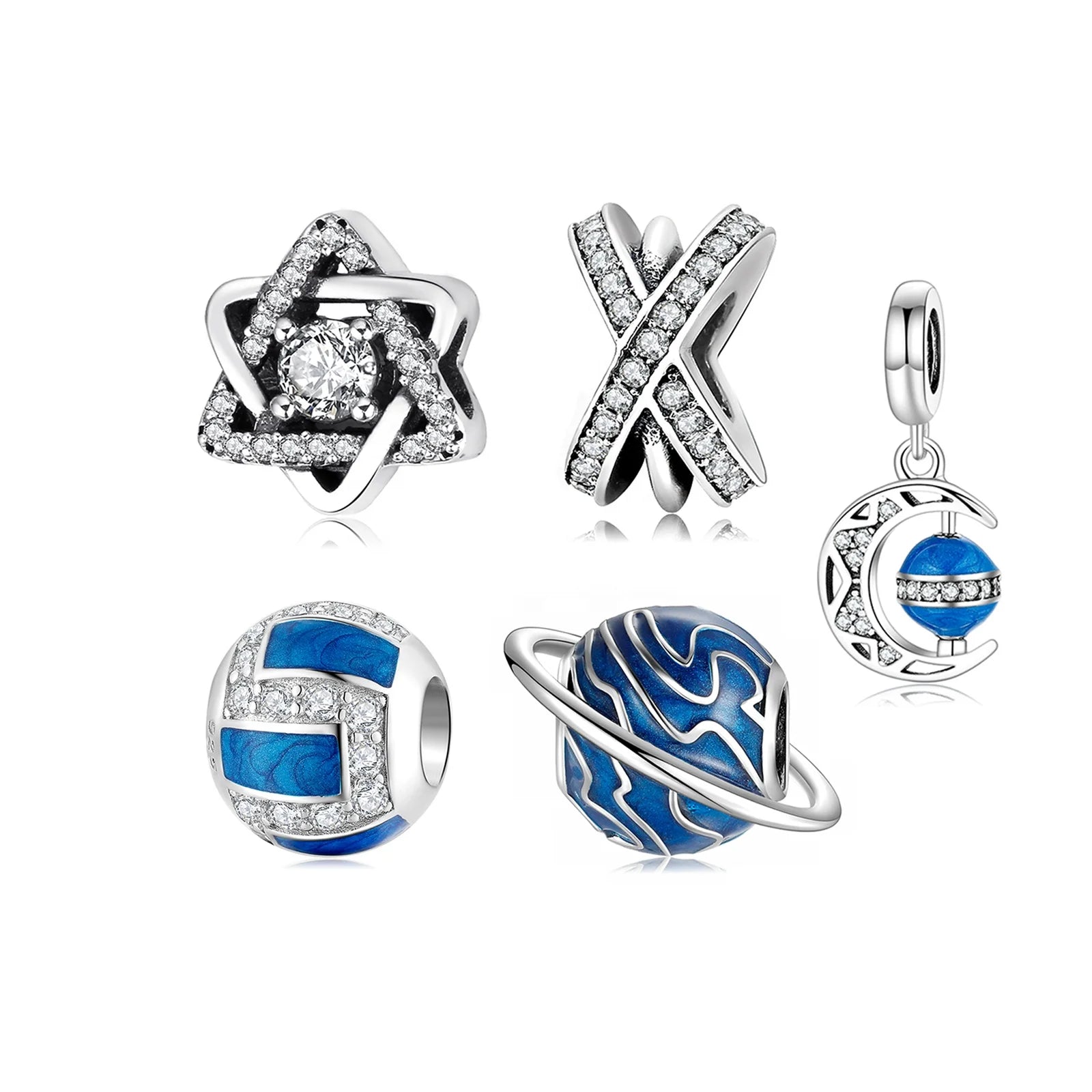 Real 925 Sterling Silver Clear CZ Curved Moon and Blue Planet Rotatable Enamel Fine Pendant Charms for Bracelet Jewelry HOT SALE