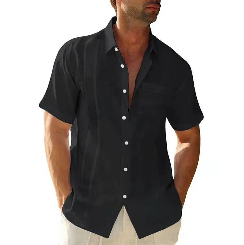 Topgear Summer Men's Oversized Cotton Linen Casual Shirt Solid Color Single-Breasted Cardigan Lapel Pocket Poplin Breathable