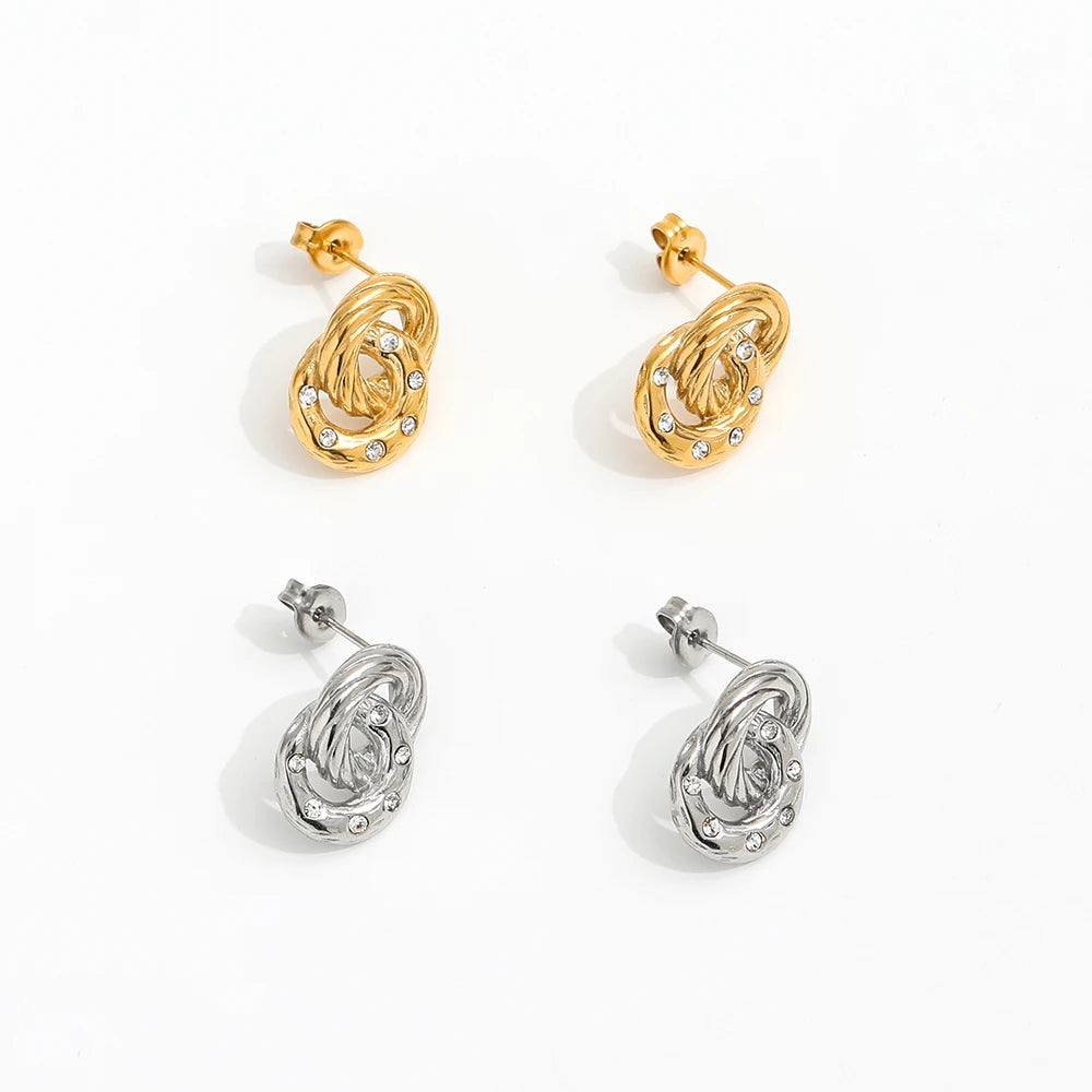 Fenny 18K Gold-plated Wholesale Luxury Chunky Statement Double Twisted Zirconia Hoop Stainless Steel Earring for Women