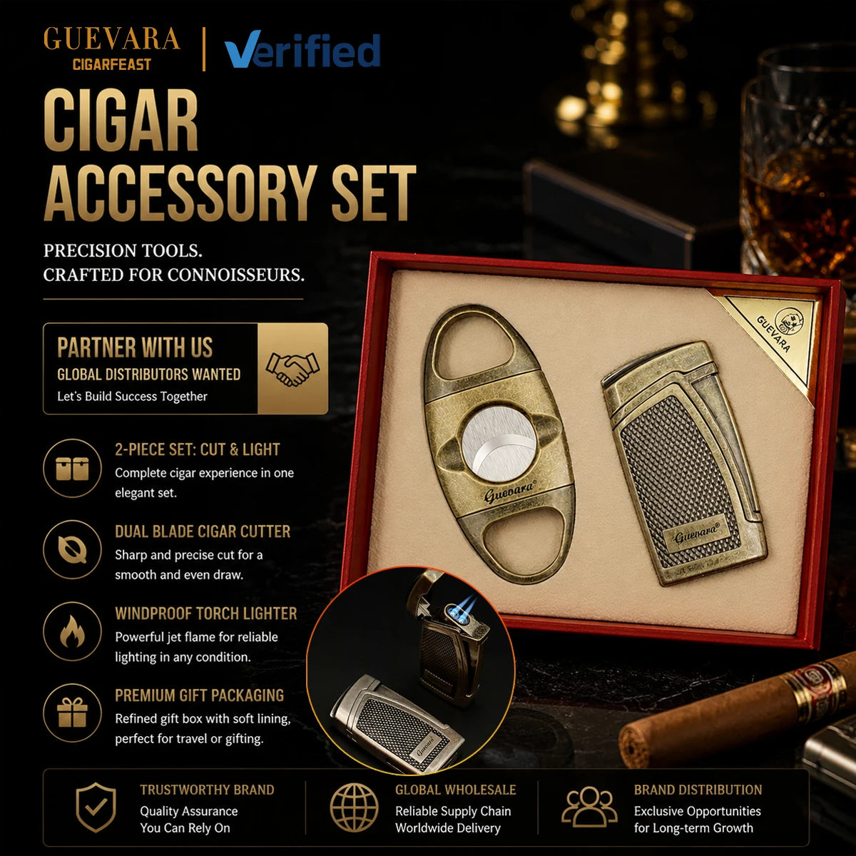 GUEVARA Stainless Steel Portable Travel Cigar Tool Gift Set Double Blade Cigar Cutter Windproof Torch Lighter Kit for Men