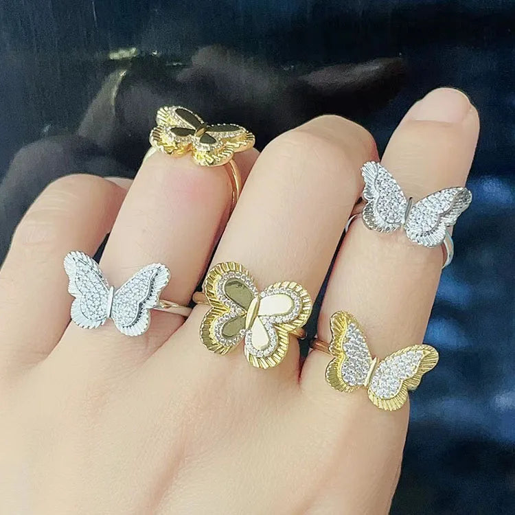 RM1610 Dainty New Platinum 18k Gold Crystal Diamond CZ Paved Butterfly Rings for Ladies Women 2023