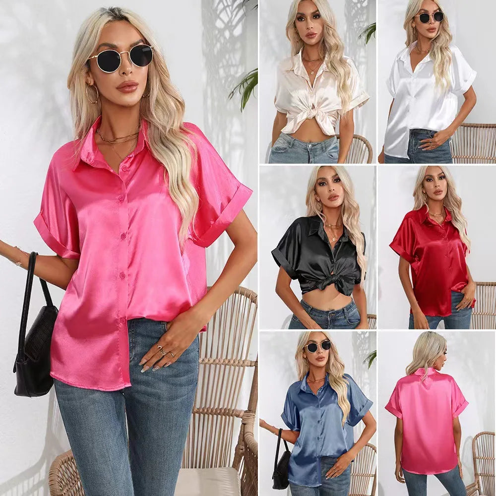 New Satin Shirts Women Solid Color Short Sleeve Blouse Spring Summer Causal Lady's Tops Shirt