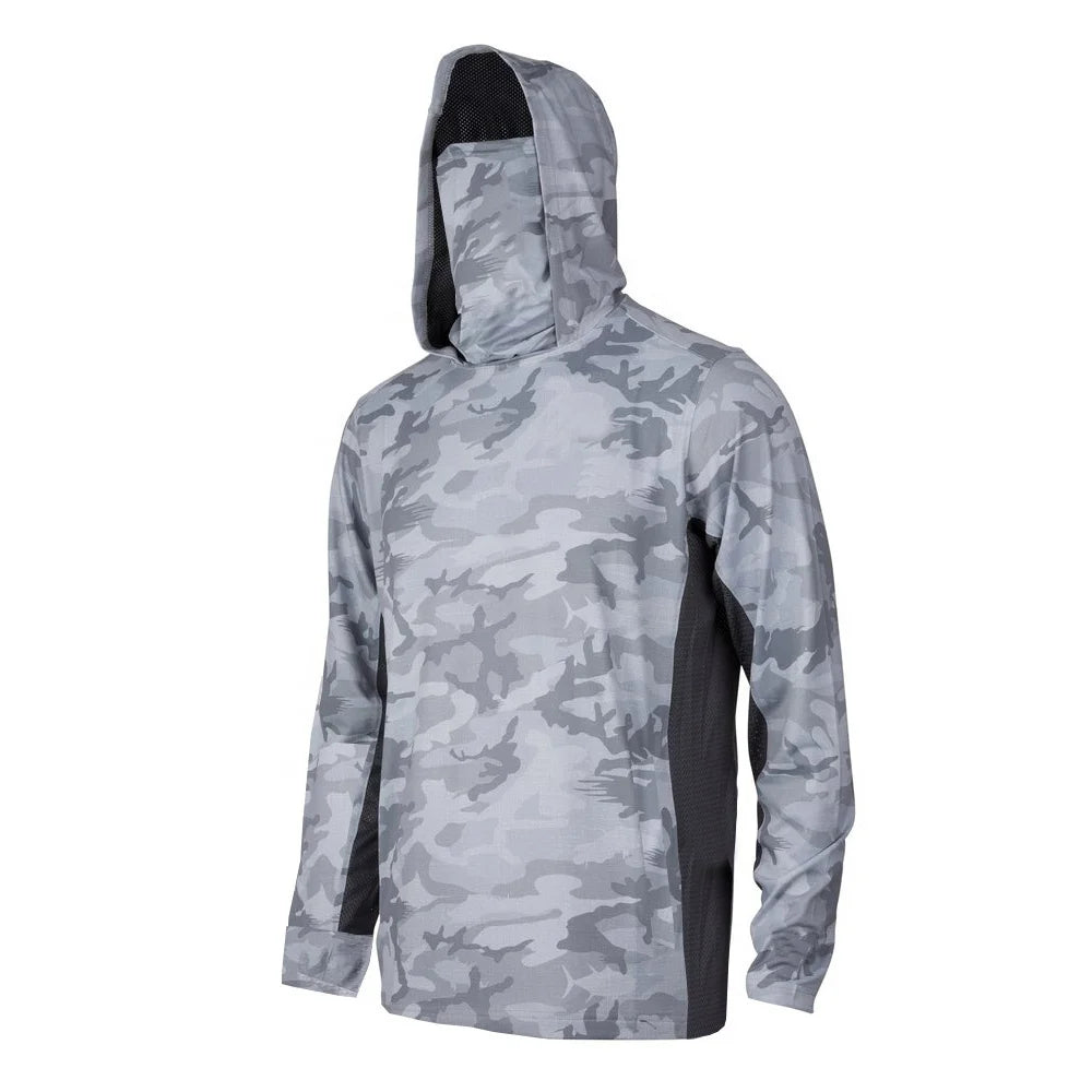 Men's Lightweight Fishing Shirt with Hood and Integrated Gaiter Rapid Dry Polyester Blend Stretch for Casting and Reeling