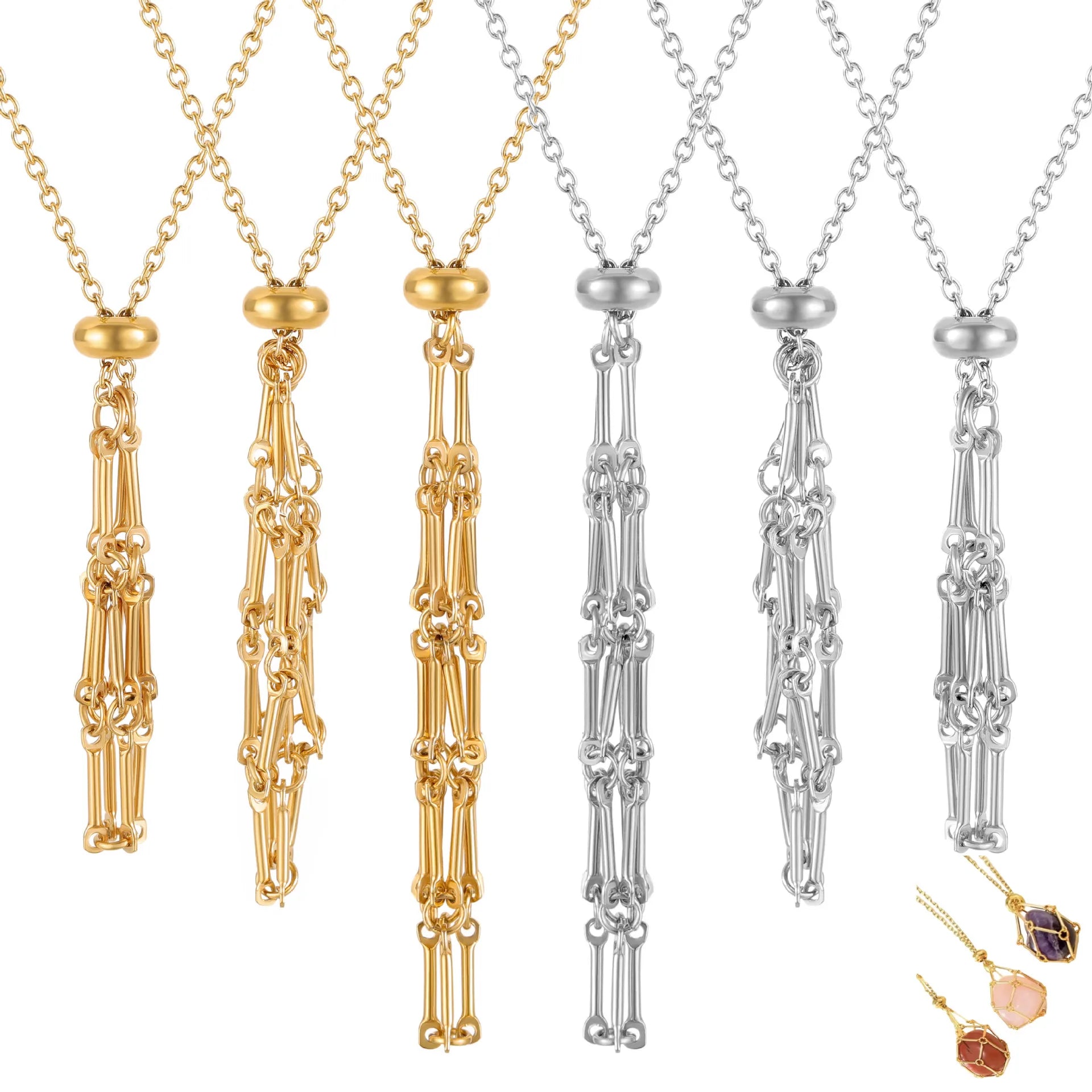 Handcrafted Bamboo Chain Necklace Stainless Steel Setting Cage Adjustable Holder Pendant for Jewelry Making