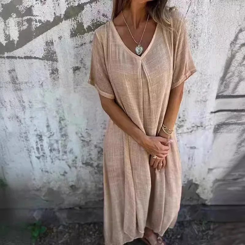 Women's Elegant Temperament Dress Ladies Casual Summer Maxi with Loose Short Sleeve V-Neck Solid Color Cotton Linen Material