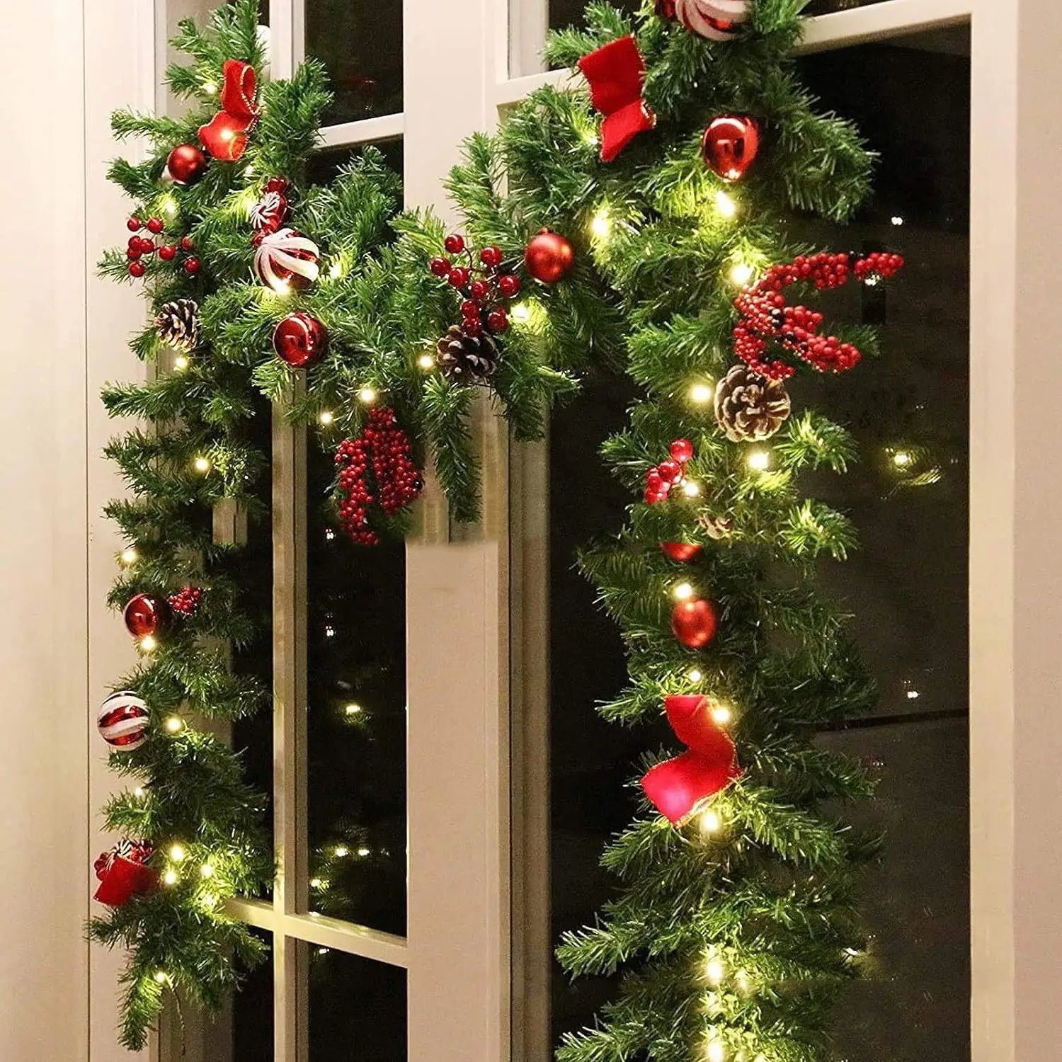 AYOYO European Christmas Day PVC Pine Needles Dipped in White and Red Fruits 2.7 Meters Decorative Rattan Fireplace Decoration