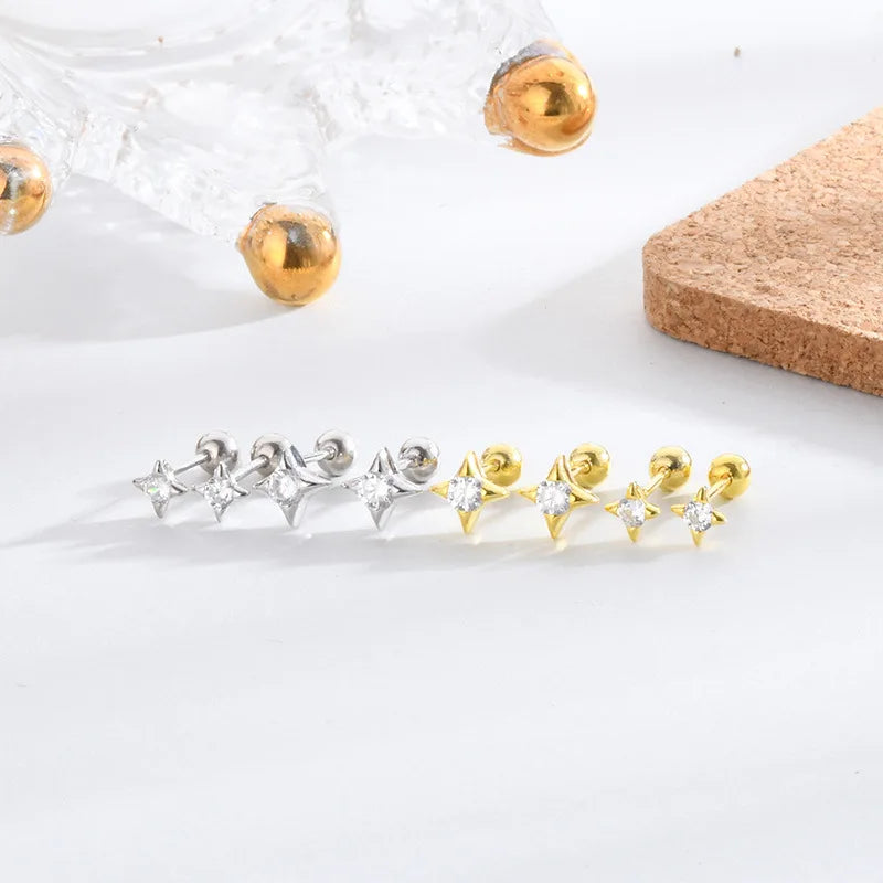 925 Sterling Silver Round Zircon Star Screw Back Studs Simple Star Twist Back Stud Earrings for Women