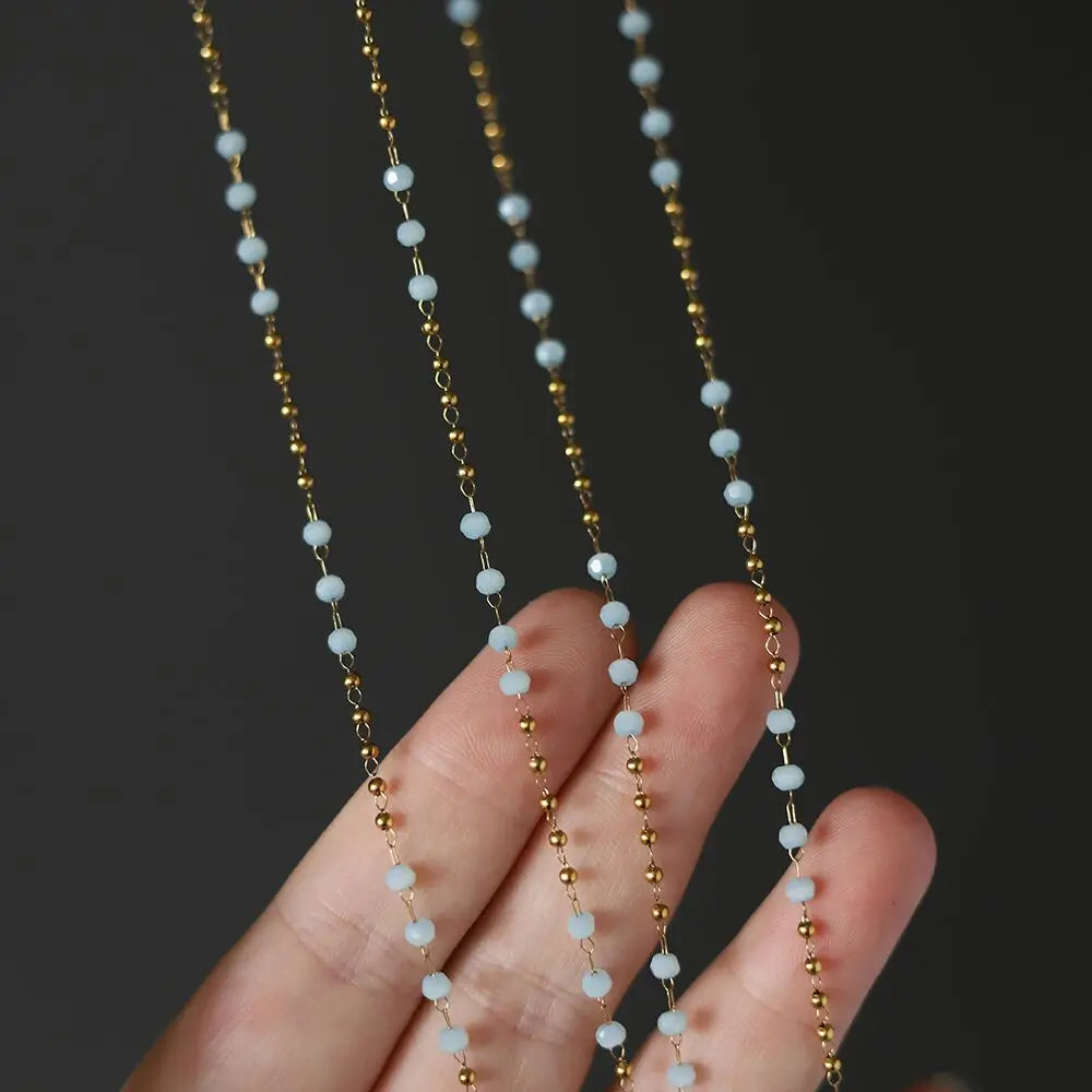 Handmade Long Chain Link Necklace Light Blue Glass Beads New 18K Gold Plated Stainless Steel Jewelry Trendy Style for Parties