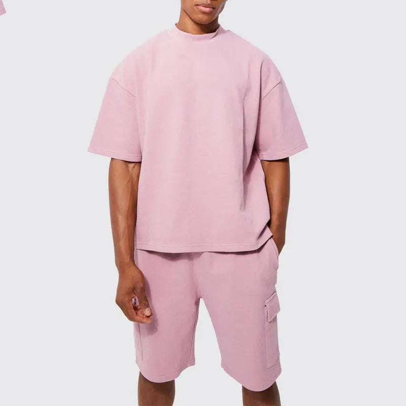 Streetwear Round Neck Casual Heavy Cotton Short Sleeve Plain Men Summer Boxy T-Shirts Short Two Piece Set