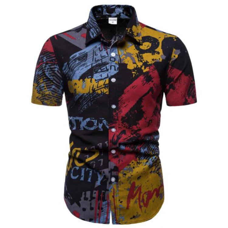 Linen Short Sleeve Shirt Men Summer Floral Loose Baggy Casual Hawaii Holiday Beach Shirt Tee Tops Buttons Blouse National Style