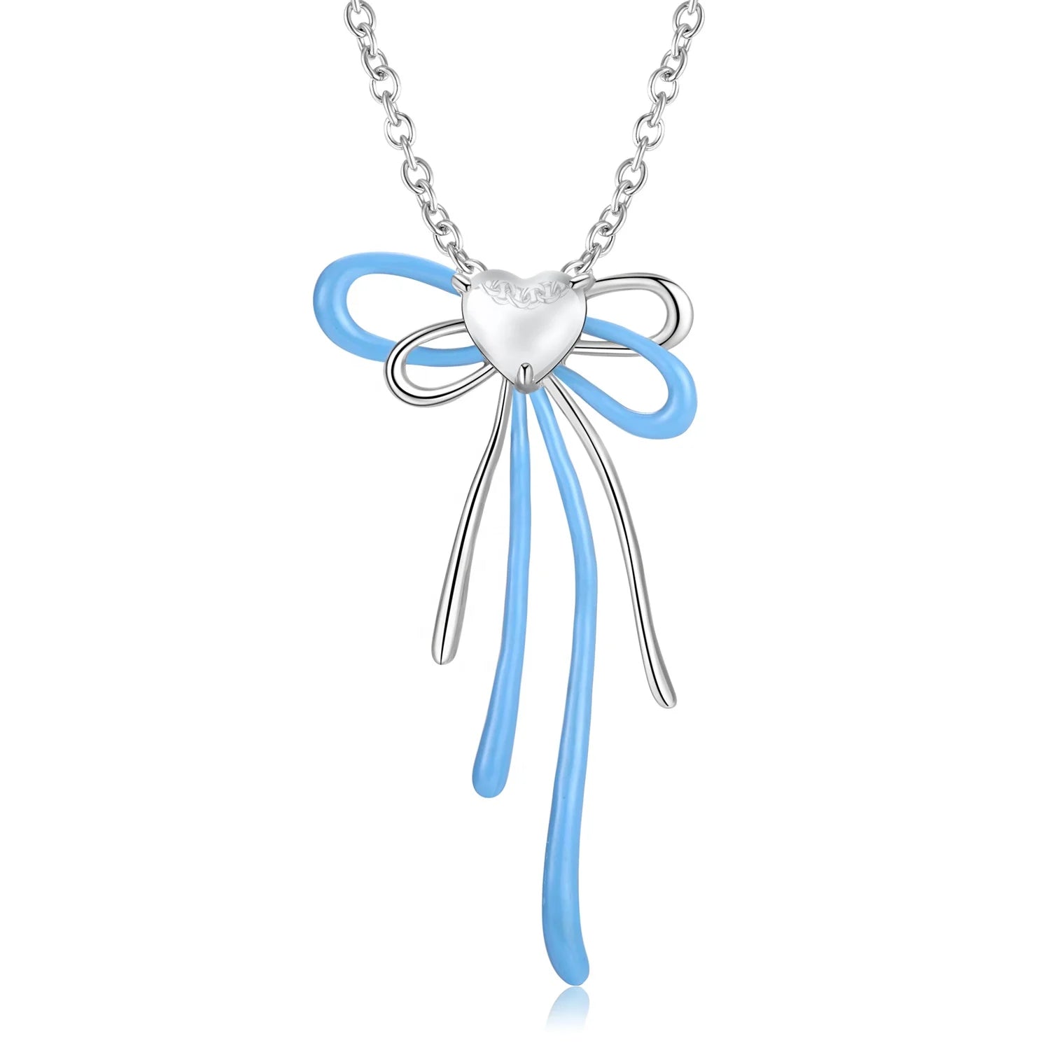 Blue Cut-out Bow with Heart Zircon Pendant for Necklace Authentic 925 Sterling Silver Minimalist Fine Necklace Jewelry for Women