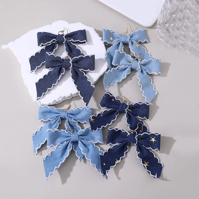 New Fashion Jewelry Denim Ribbon Handmade Bow Charm Pendant Earrings