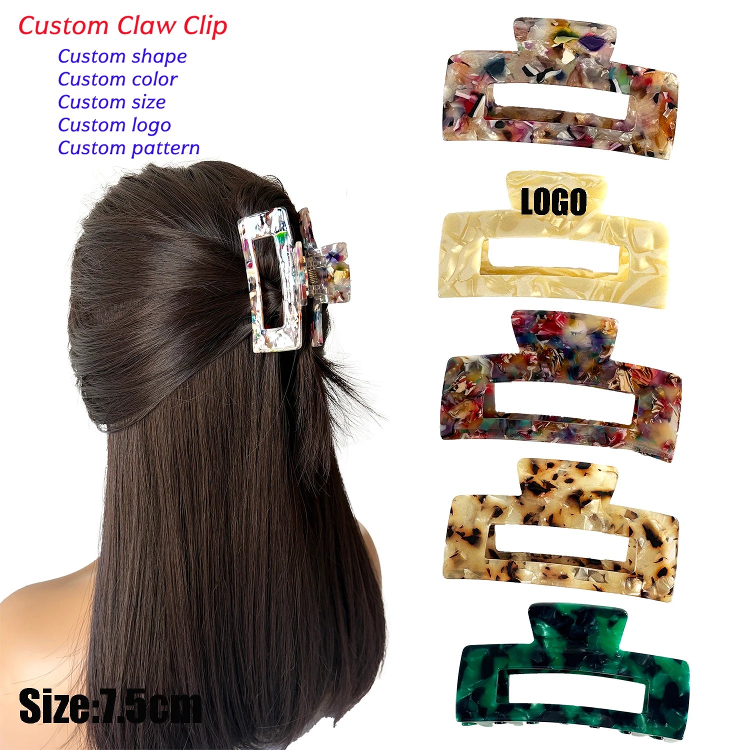 IT150-7.5 Hot Sale Women's Simple Fashion Hair Claw Clips 7.5cm Square Acetate Hair Accessories with Geometric Hollow Out Design