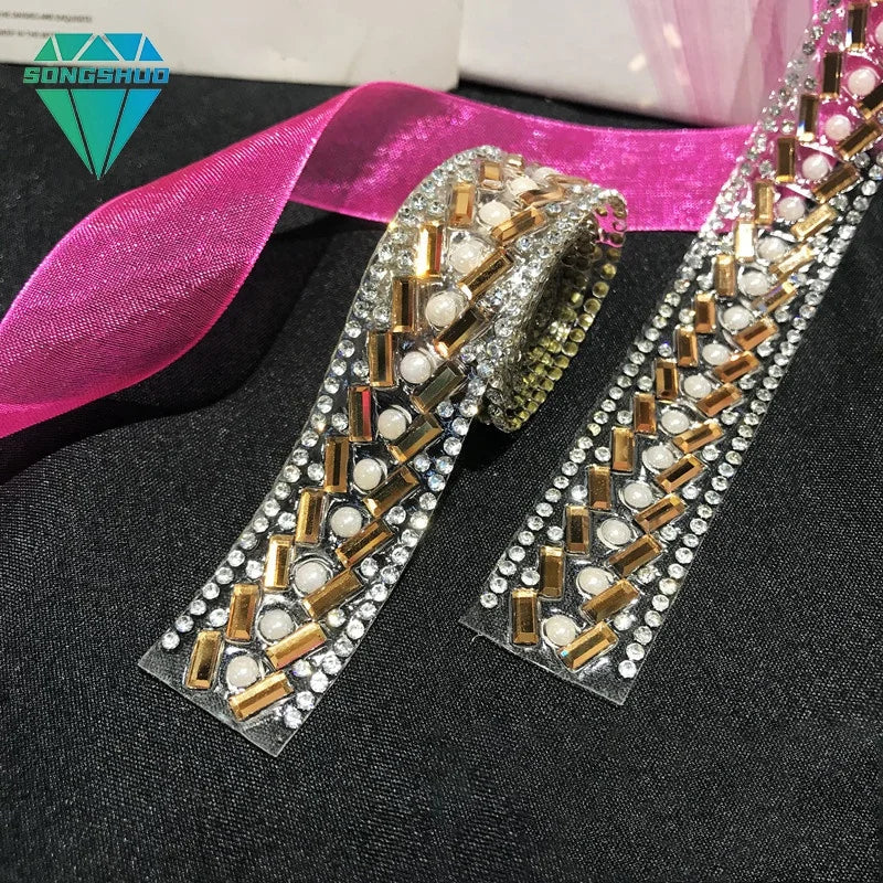 Hot Selling Rhinestone Ribbon Square Glass Trimming Crystal Tape Clothing Handicrafts