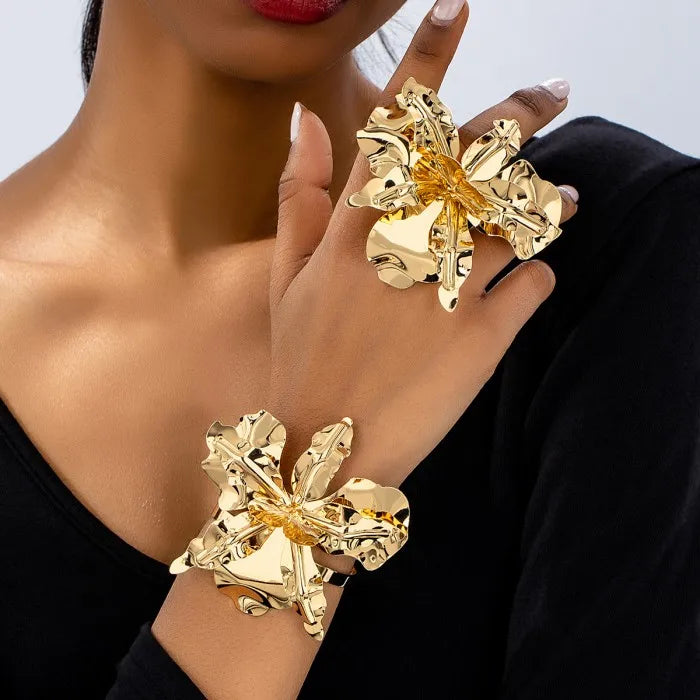 Vintage Large Flower Metal Bracelet Ring Set for Women Jewellery Gifts