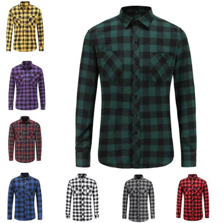New Men Plaid Flannel Shirt Casual Long-Sleeved Chest Two Pocket Design Fashion Printed-Button Shirts